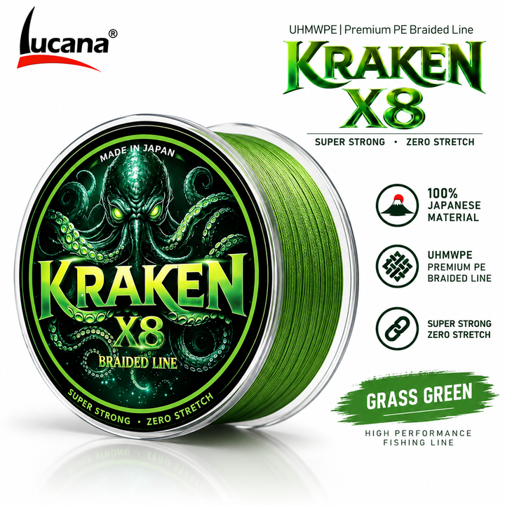 Lucana Kraken X8 100 m Grass Green braided fishing line on white background