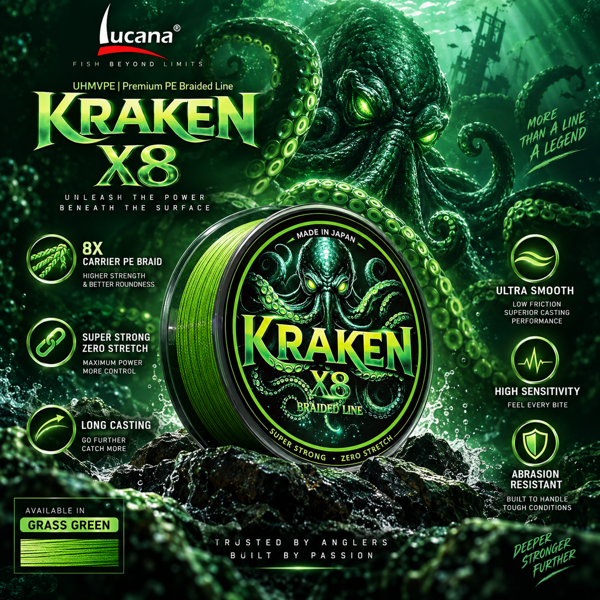 Lucana Kraken X8 Grass Green eight-carrier PE braided line performance features
