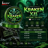 Lucana Kraken X8 100 m Grass Green specifications: 0.09 mm 6.6 lb, 0.10 mm 8.8 lb and 0.15 mm 15.4 lb