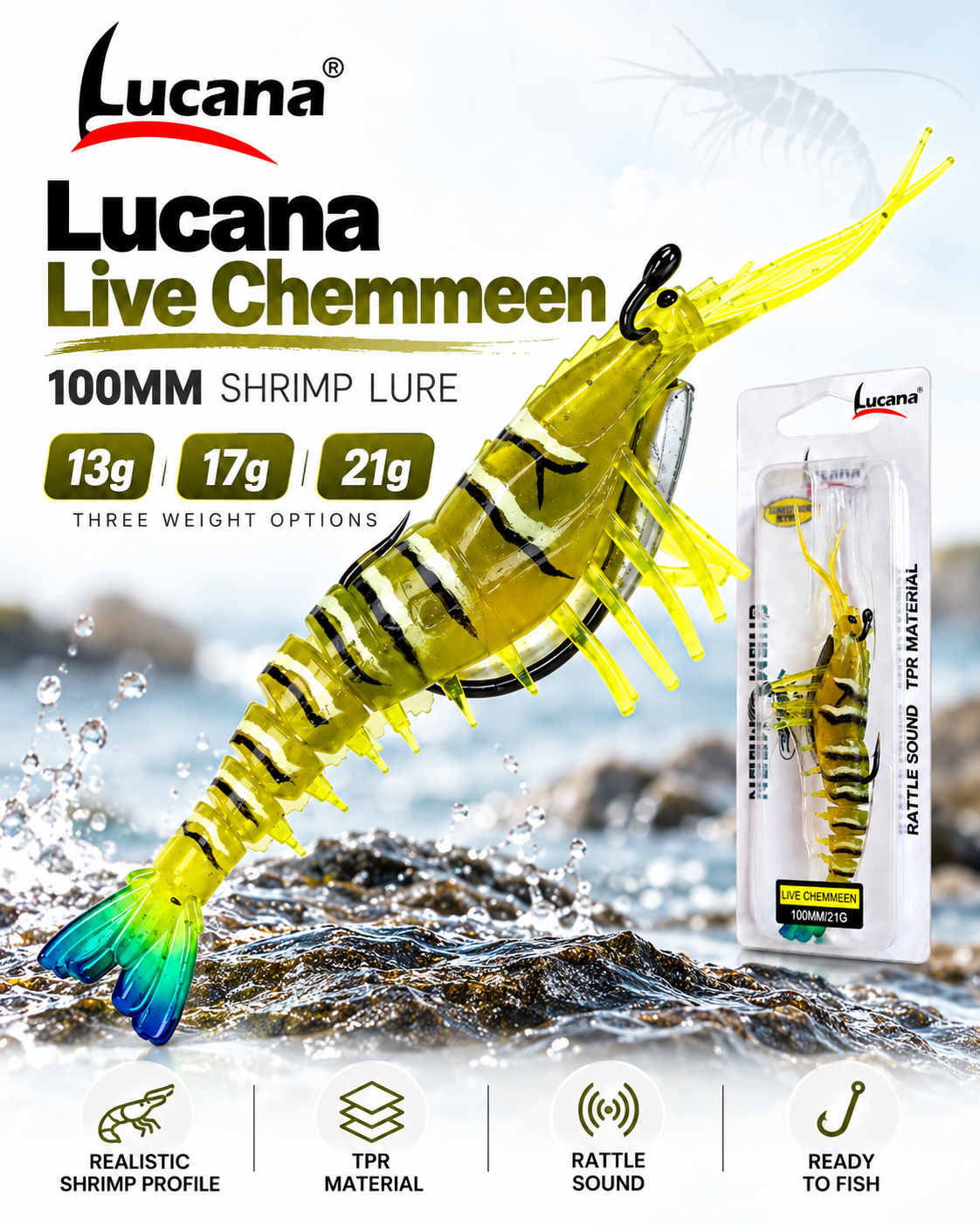 Lucana Live Chemmeen 100mm shrimp lure main image.