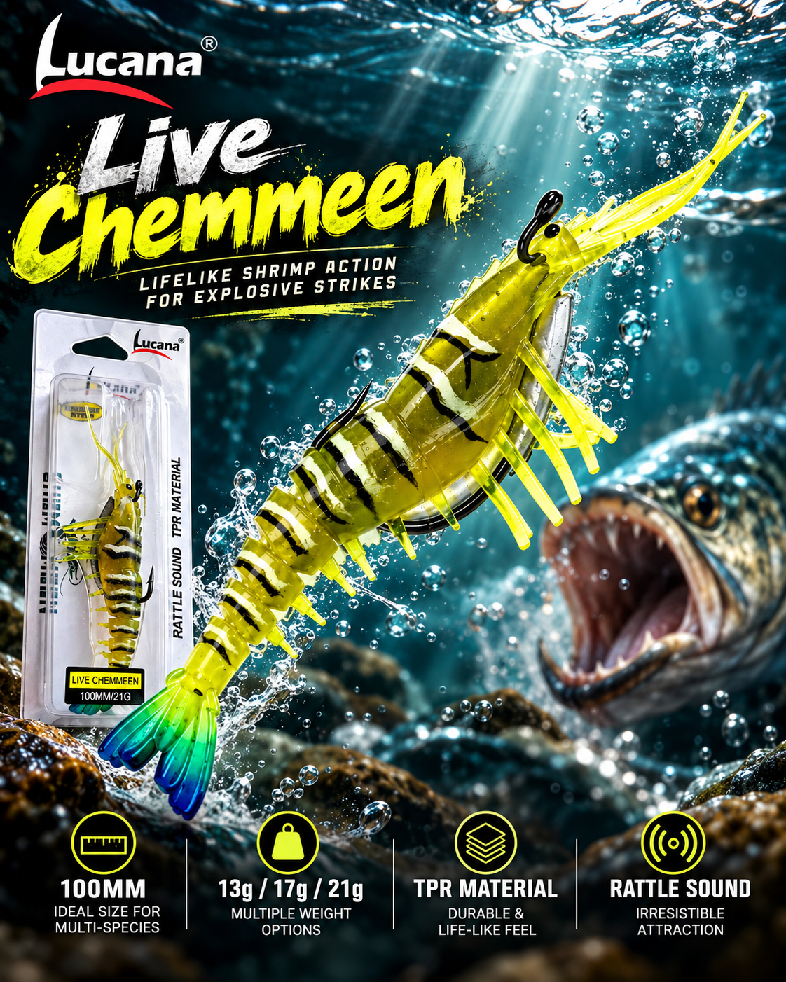 Lucana Live Chemmeen 100mm promotional underwater image.