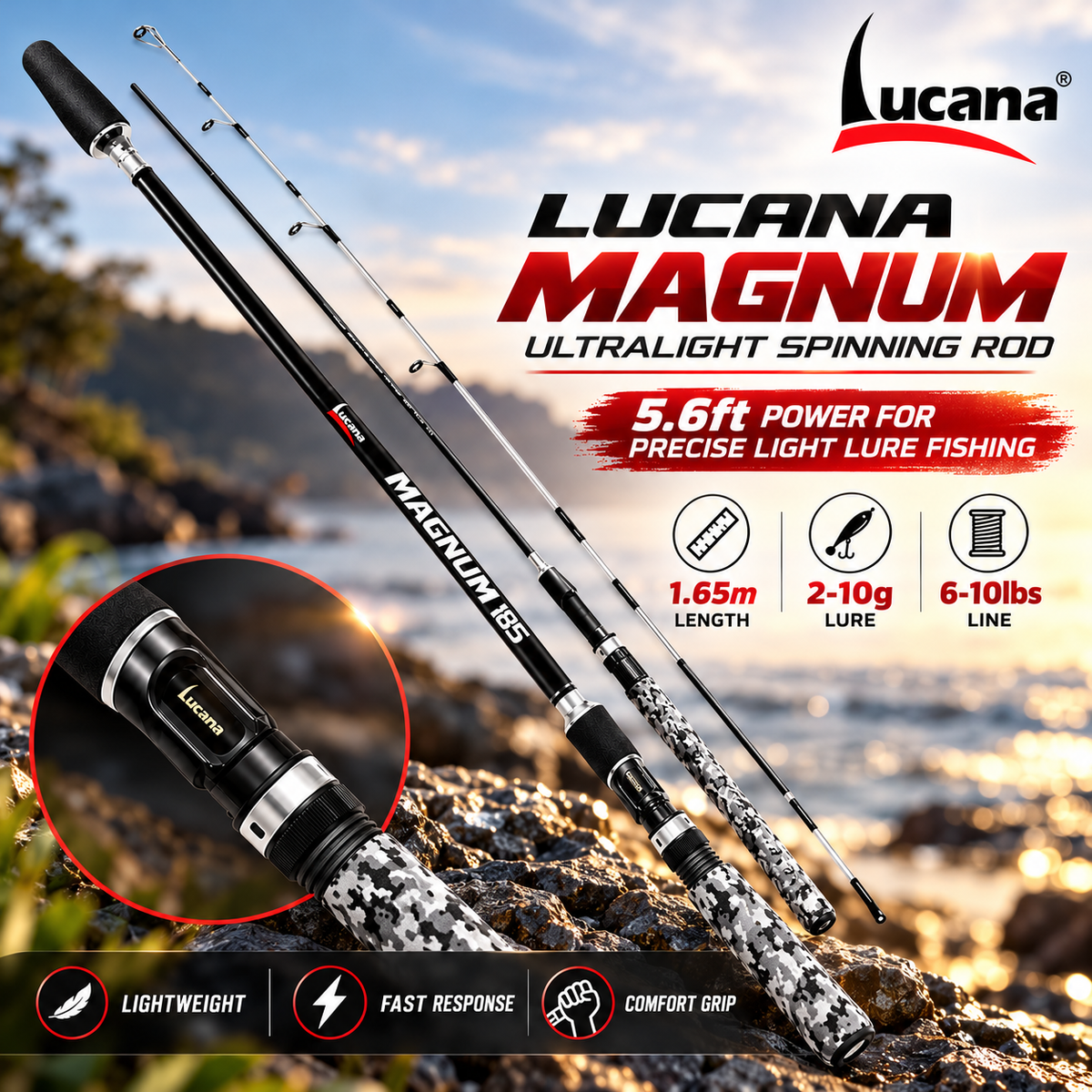 Lucana Magnum 5.6 ft ultralight spinning rod promotional image.