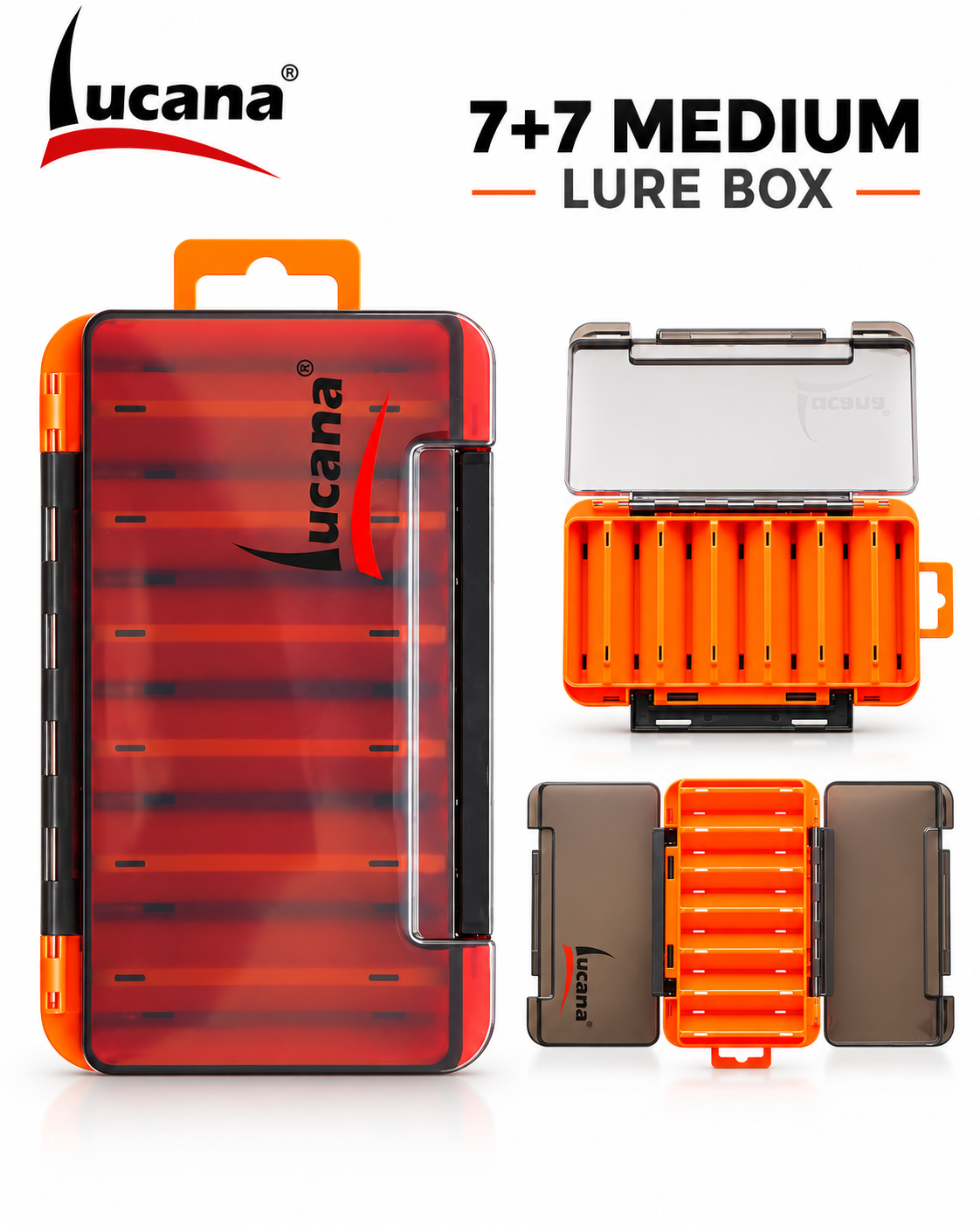 Lucana Medium Lure Box 7+7 features and storage layout.