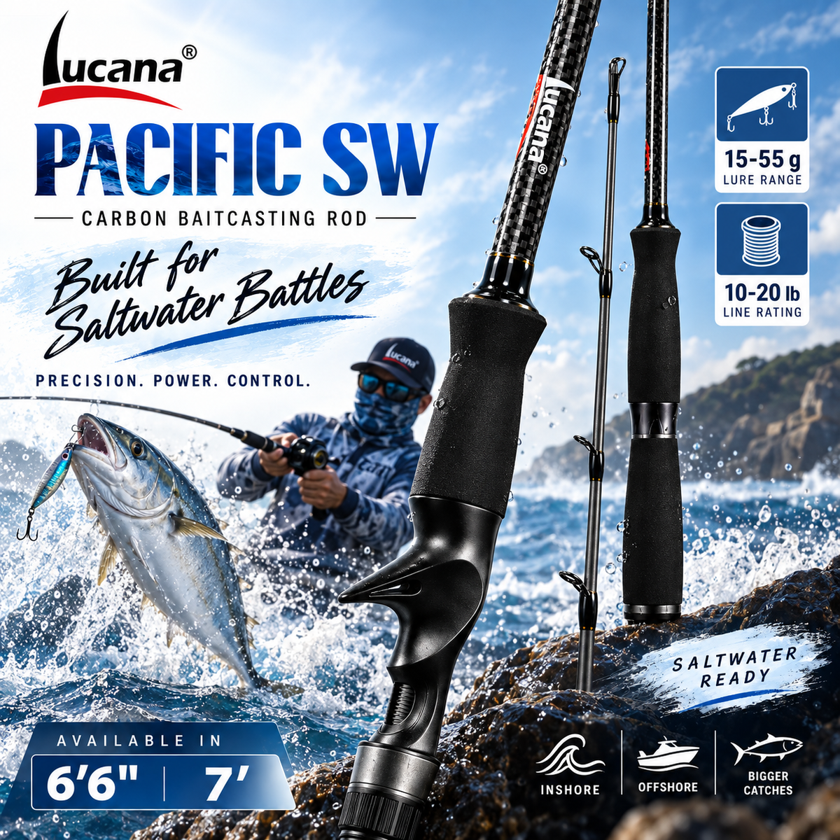 Lucana Pacific SW baitcasting rod promotional image for 6 ft 6 in and 7 ft models