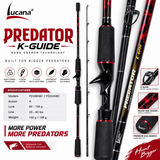Lucana Predator K-Guide baitcasting rod in black and red on a white background