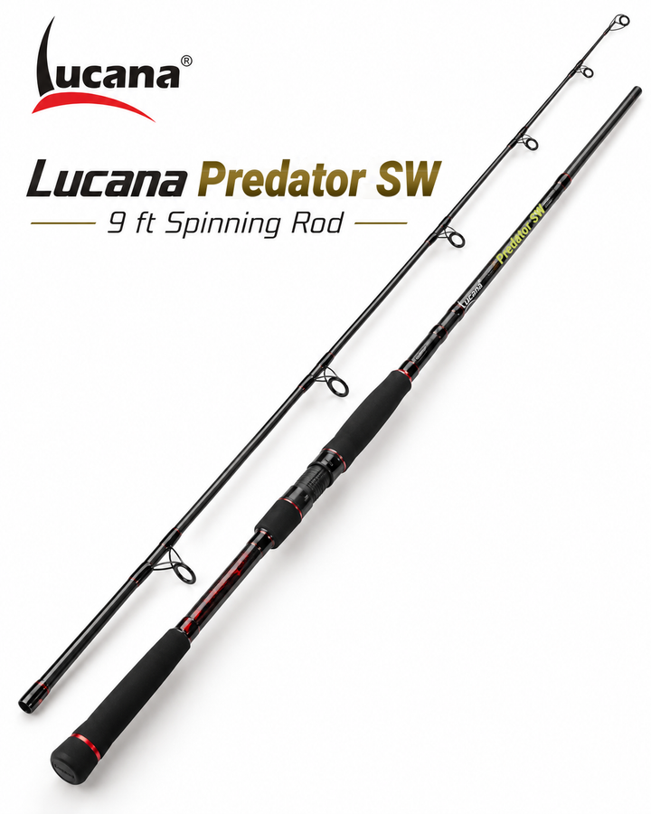 Lucana Predator SW 9 ft spinning rod in black and red on a white background with the Lucana logo