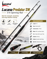Lucana Predator SW 9 ft two-piece spinning rod specifications with carbon blank, EVA grip and guide details