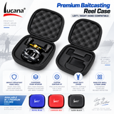 Lucana reel case details, contoured interior and Royal Blue, Crimson Red and Sleek Black colour range. Reel not included.
