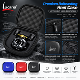 Lucana baitcasting reel case features: rigid EVA shell, foam lining, contoured compartment and heavy-duty zipper. Case only.