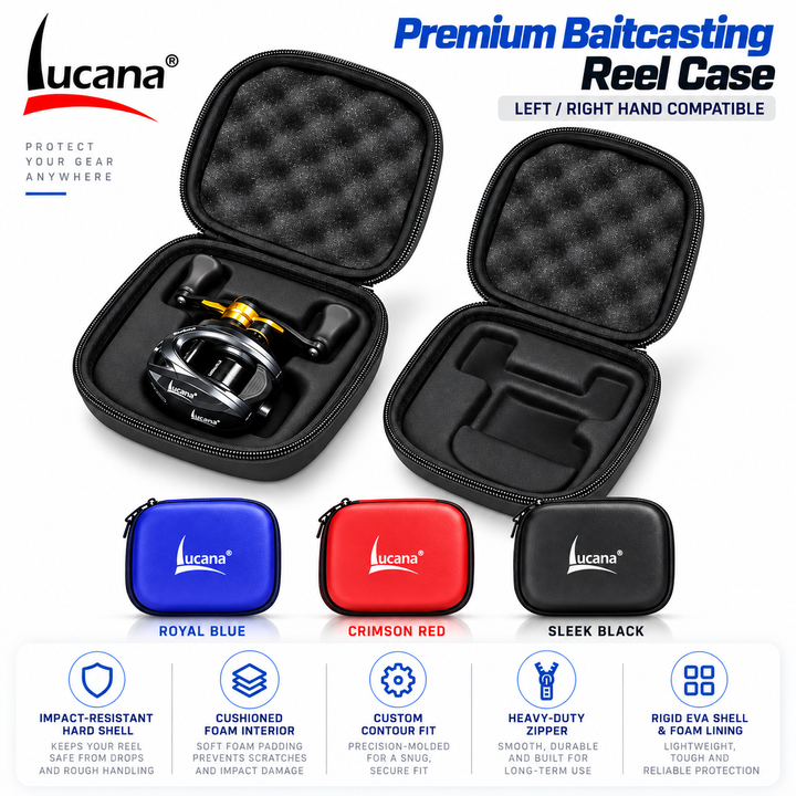 Lucana Premium Baitcasting Reel Case on white with open-case and colour-range views. One case per purchase; reel not included.