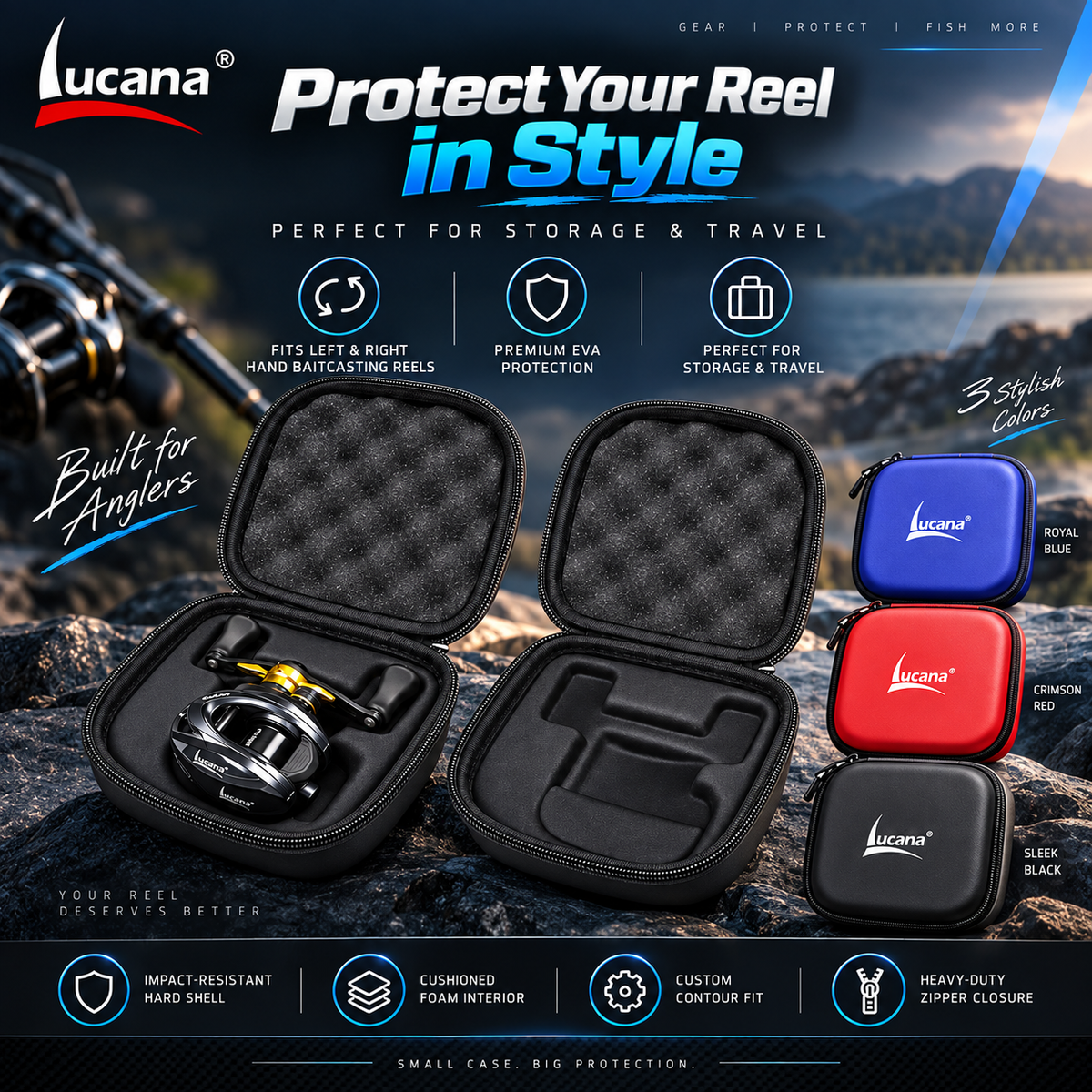 Lucana Premium Baitcasting Reel Case storage and travel illustration by a lake. One case per purchase; reel not included.