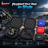 Lucana Premium Baitcasting Reel Case storage and travel illustration by a lake. One case per purchase; reel not included.