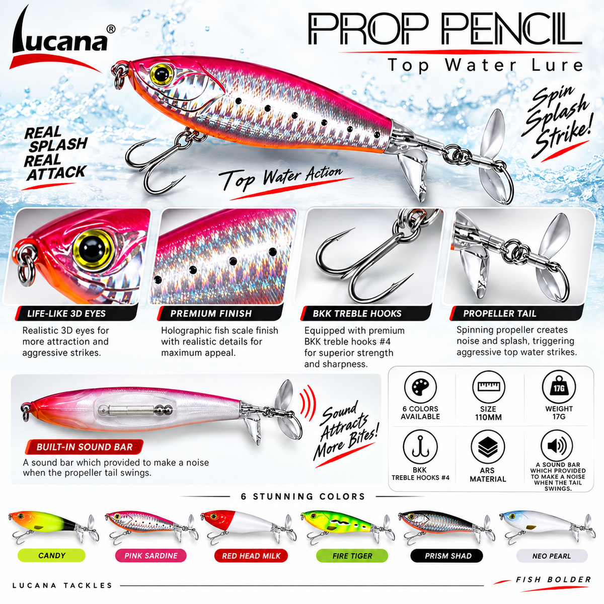 Lucana Prop Pencil lure details including propeller tail, sound bar and BKK #4 hooks.