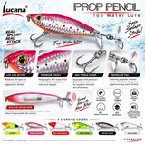 Lucana Prop Pencil lure details including propeller tail, sound bar and BKK #4 hooks.