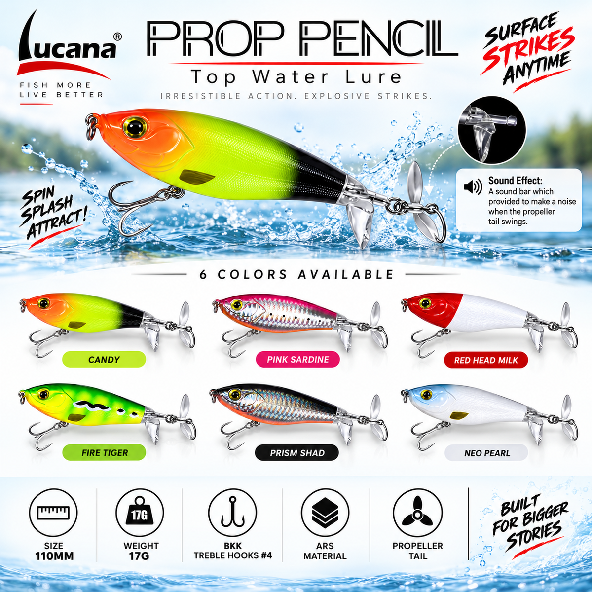 Lucana Prop Pencil top water lure specification and colour showcase.