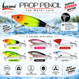 Lucana Prop Pencil top water lure specification and colour showcase.