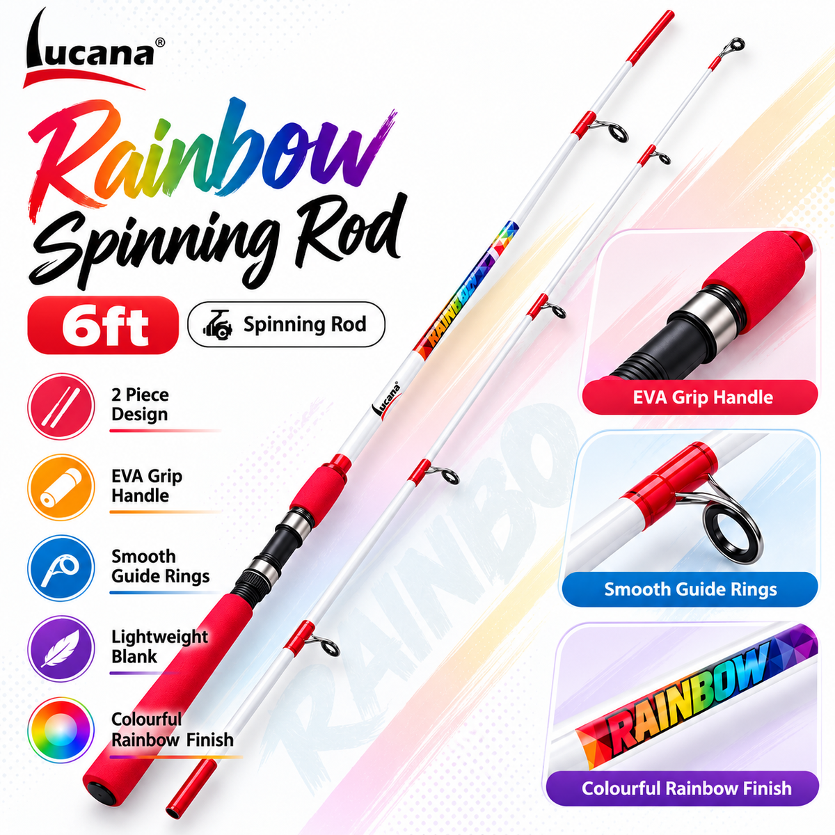 Lucana Rainbow Spinning Rod feature infographic.