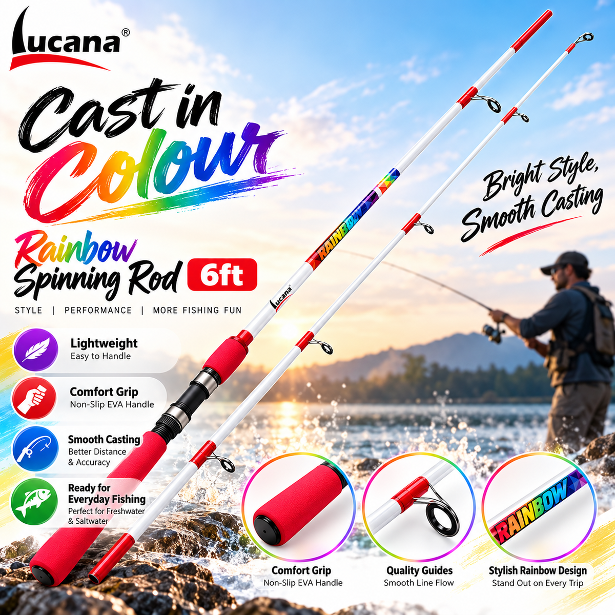 Lucana Rainbow Spinning Rod promotional fishing image.