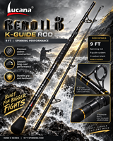 Lucana Reno II 9 ft carbon spinning rod series illustration on a rocky shoreline with black and gold styling