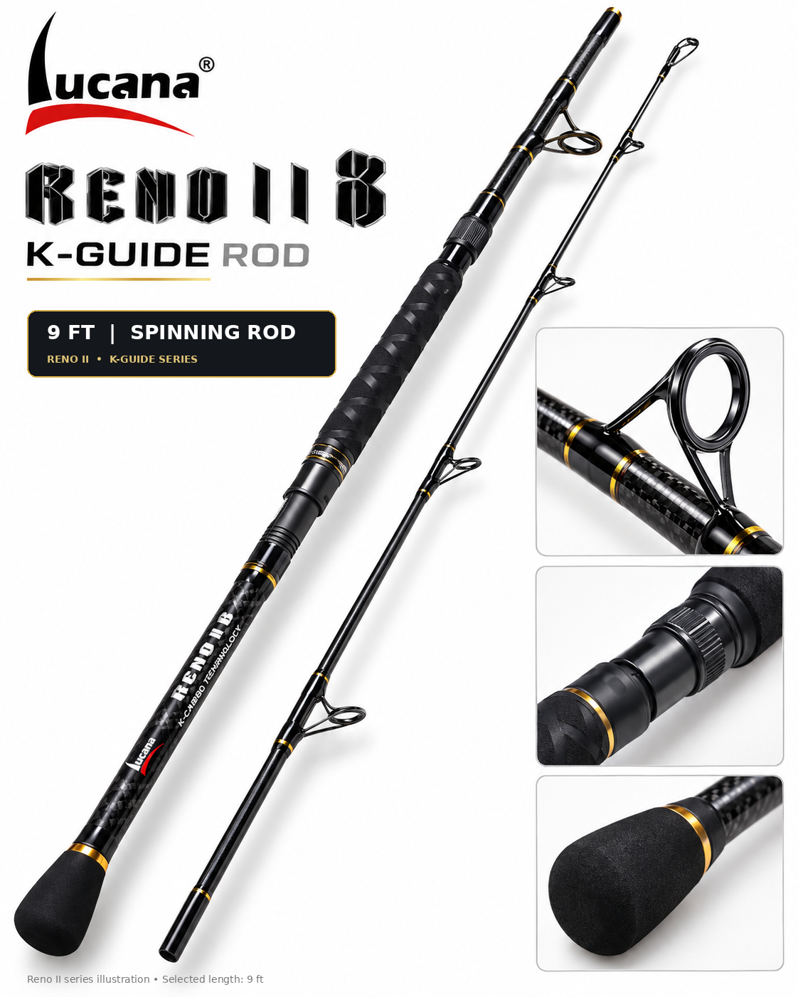 Lucana Reno II 9 ft K-Guide carbon spinning rod series illustration on white with Lucana logo, black and gold finish and handle close-ups