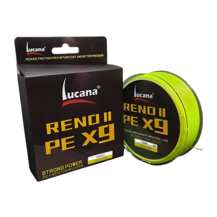 Lucana Reno II PE X9 150m braided line box and yellow spool on white; representative range photograph, not a colour confirmation for each size
