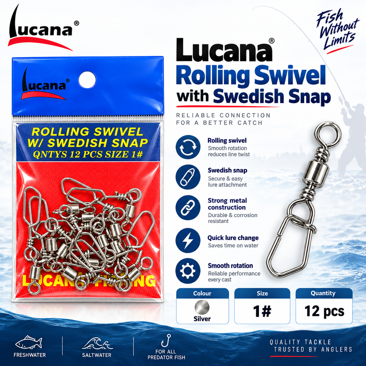 Lucana Rolling Swivel with Swedish Snap specifications