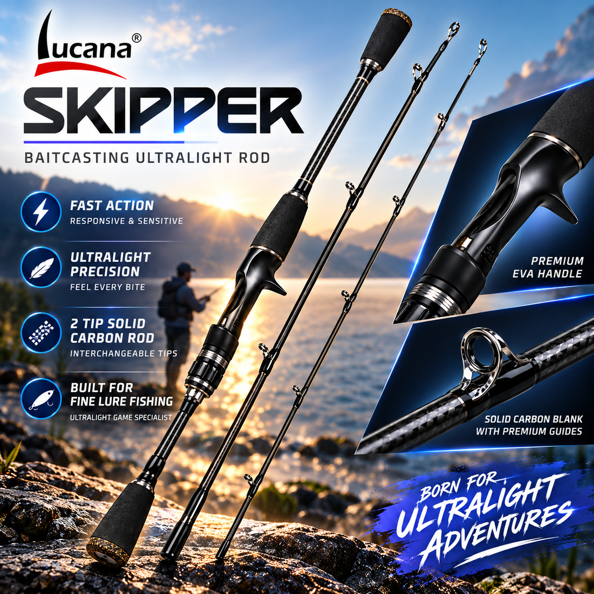 Lucana Skipper baitcasting ultralight rod promotional fishing image.