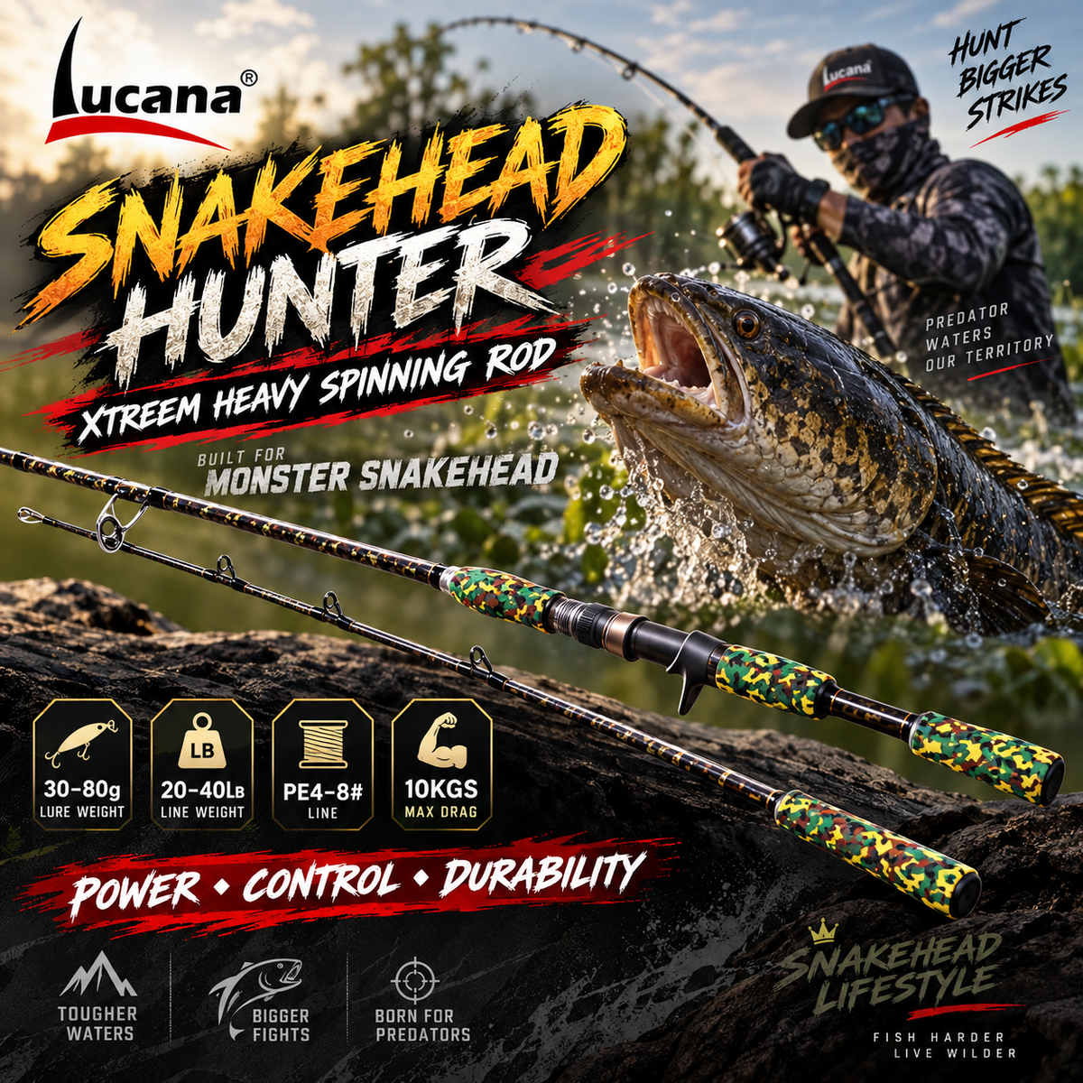 Lucana Snakehead Hunter Xtream Heavy rod promotional fishing image for snakehead, showing the camouflage rod and shared lure and line specifications