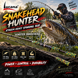 Lucana Snakehead Hunter Xtream Heavy rod promotional fishing image for snakehead, showing the camouflage rod and shared lure and line specifications