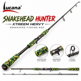 Lucana Snakehead Hunter Xtream Heavy fishing rod with camouflage EVA handles on a white background; spinning and baitcasting versions differ by selected model