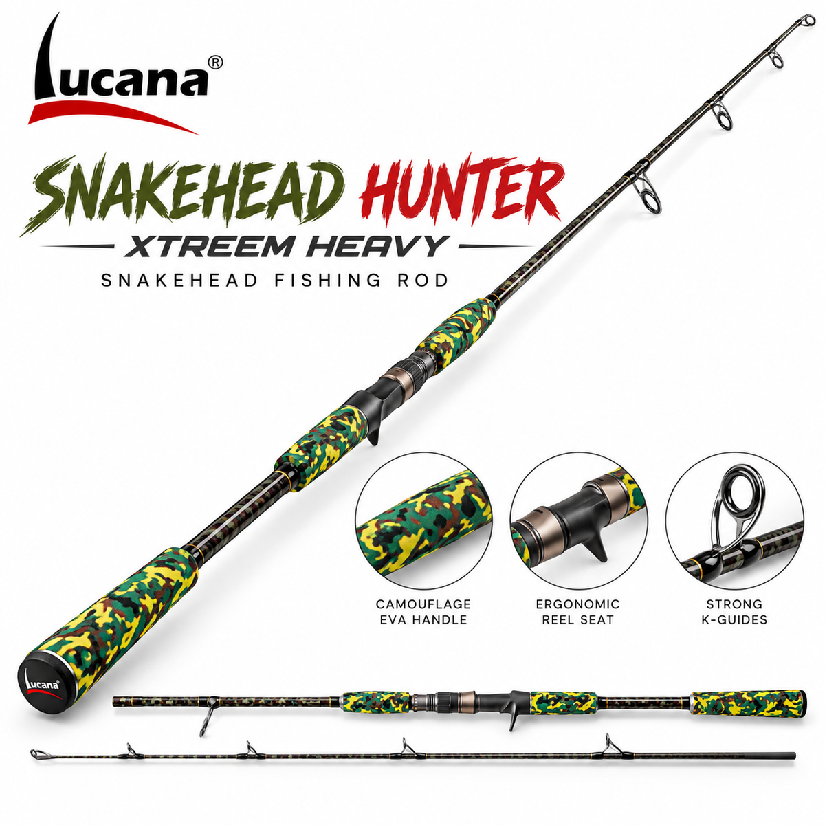 Lucana Snakehead Hunter Xtream Heavy fishing rod with camouflage EVA handles on a white background; spinning and baitcasting versions differ by selected model