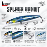 Lucana Splash Bandit feature infographic with 120 mm, 20 g and Predator Hooks #4.