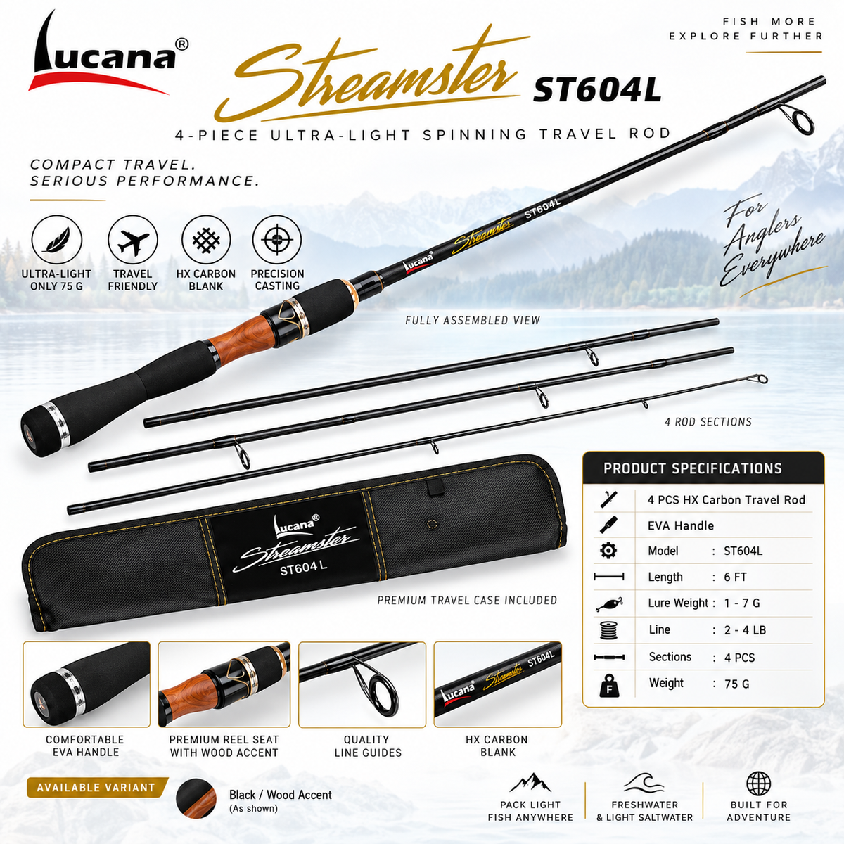 Lucana Streamster ST604L specifications and travel rod details
