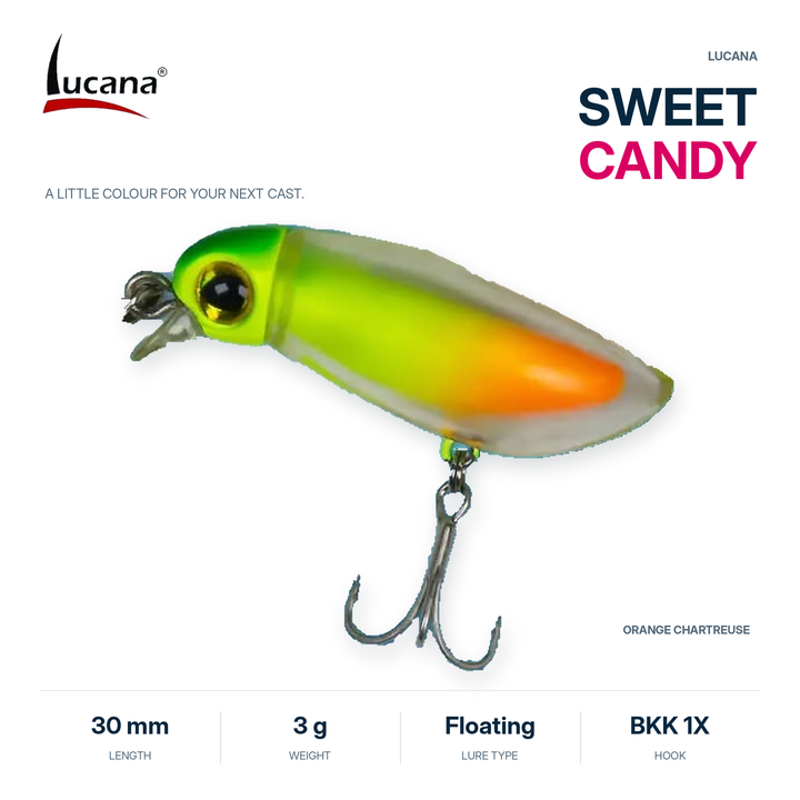 Lucana Sweet Candy mini fishing lure on white background.
