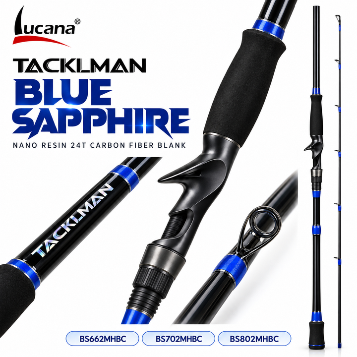 Lucana Tackleman Blue Sapphire carbon baitcasting rod on a white background with Lucana logo and blue-accented handle and guides