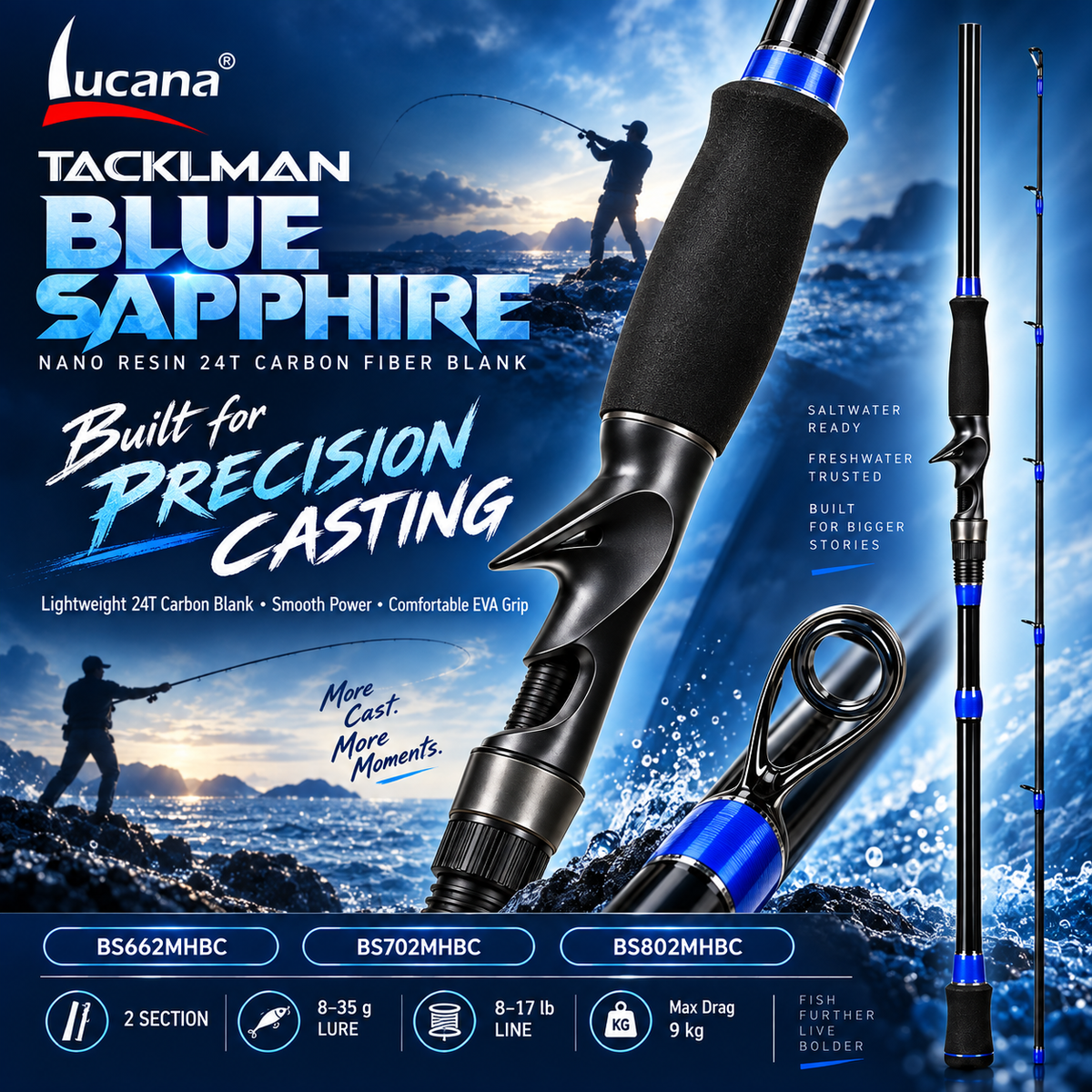 Lucana Tackleman Blue Sapphire baitcasting rod promotional graphic for the 6 ft 6 in, 7 ft and 8 ft models