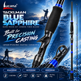 Lucana Tackleman Blue Sapphire baitcasting rod promotional graphic for the 6 ft 6 in, 7 ft and 8 ft models