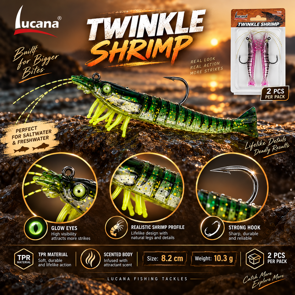 Lucana Twinkle Shrimp Green Leopard enlarged promotional feature views: glow eyes, fitted hook, scented TPR body and shrimp profile. 8.2 cm, 10.3 g, two pieces per pack.