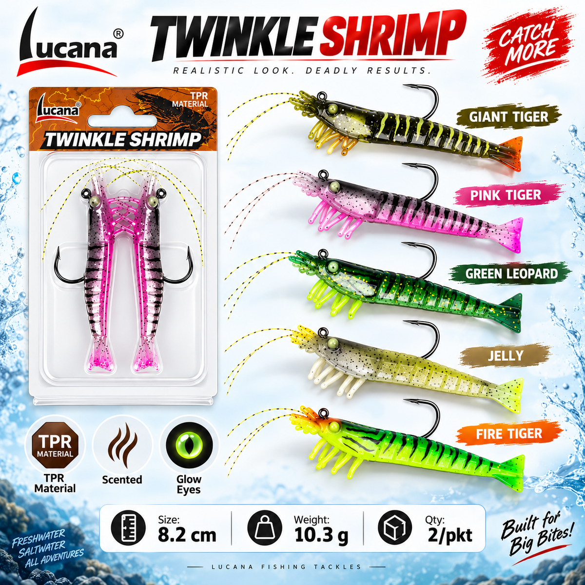 Lucana Twinkle Shrimp colour chart: Giant Tiger, Pink Tiger, Green Leopard, Jelly and Fire Tiger. Choose one colour; two lures per pack, not a set of all colours.