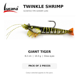 Lucana Twinkle Shrimp Giant Tiger, 8.2 cm, 10.3 g scented TPR shrimp lure with glow eyes. Pack of 2 pieces.