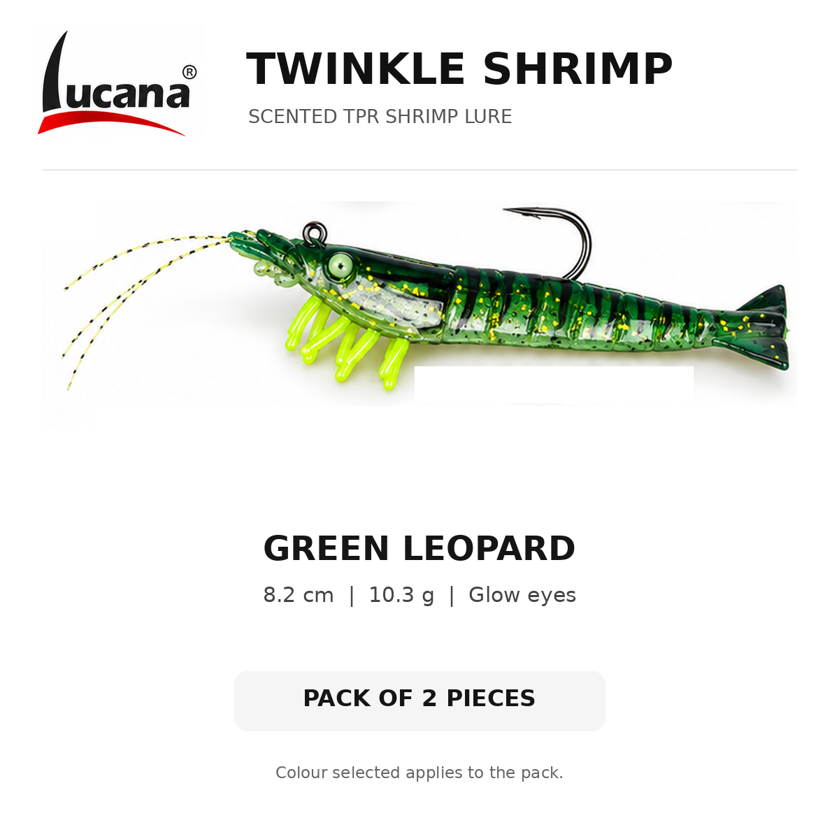 Lucana Twinkle Shrimp Green Leopard, 8.2 cm, 10.3 g scented TPR shrimp lure with glow eyes. Pack of 2 pieces.