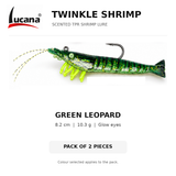Lucana Twinkle Shrimp Green Leopard, 8.2 cm, 10.3 g scented TPR shrimp lure with glow eyes. Pack of 2 pieces.