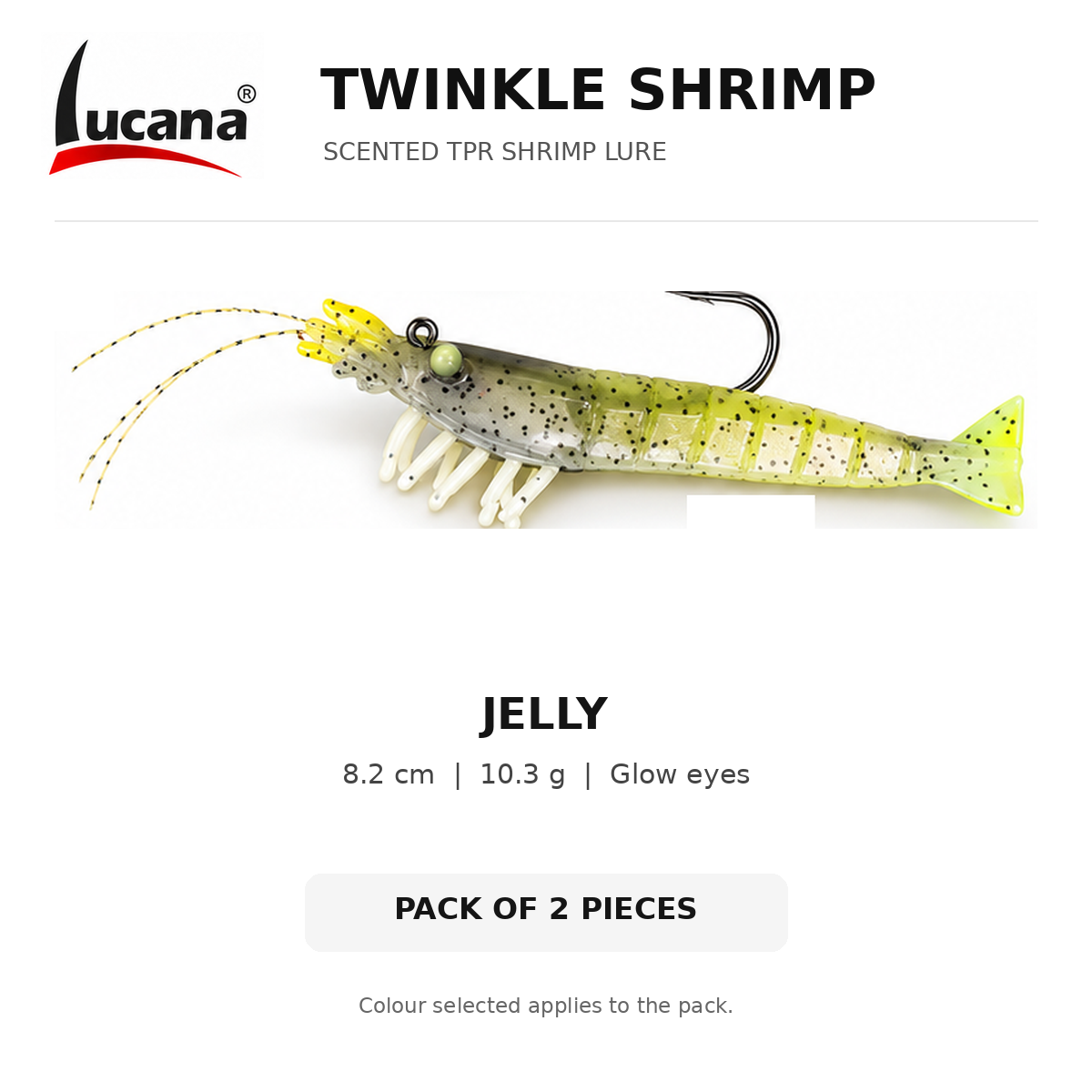 Lucana Twinkle Shrimp Jelly, 8.2 cm, 10.3 g scented TPR shrimp lure with glow eyes. Pack of 2 pieces.