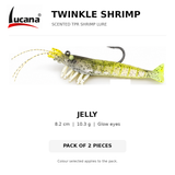 Lucana Twinkle Shrimp Jelly, 8.2 cm, 10.3 g scented TPR shrimp lure with glow eyes. Pack of 2 pieces.