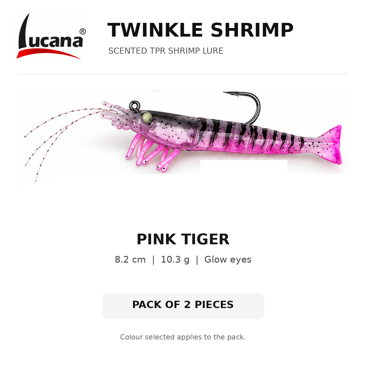 Lucana Twinkle Shrimp Pink Tiger, 8.2 cm, 10.3 g scented TPR shrimp lure with glow eyes. Pack of 2 pieces.