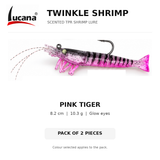 Lucana Twinkle Shrimp Pink Tiger, 8.2 cm, 10.3 g scented TPR shrimp lure with glow eyes. Pack of 2 pieces.