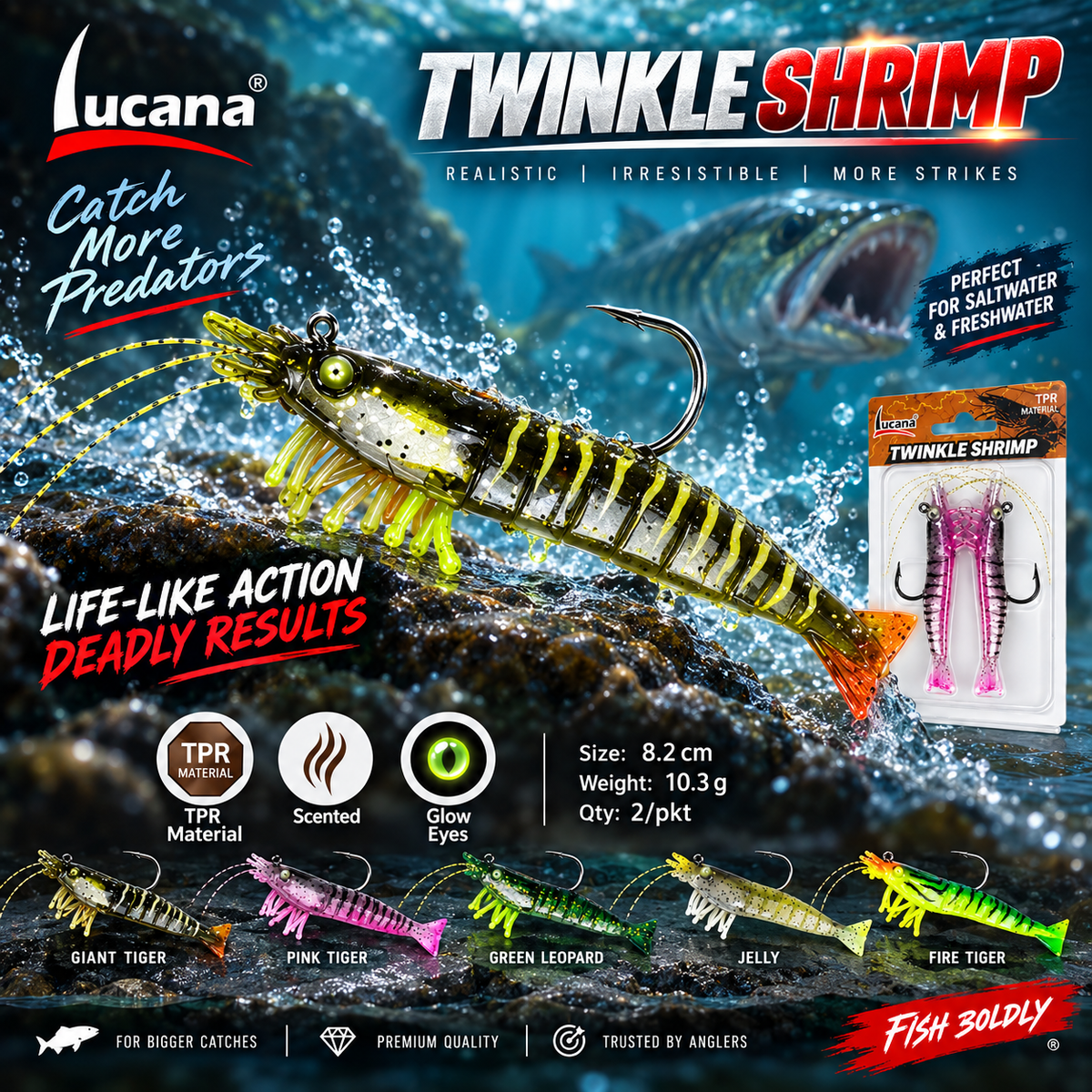 Lucana Twinkle Shrimp Giant Tiger illustrative underwater fishing promotion with five colour designs and two-piece packaging. Promotional scene, not a documented catch.