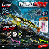 Lucana Twinkle Shrimp Giant Tiger illustrative underwater fishing promotion with five colour designs and two-piece packaging. Promotional scene, not a documented catch.