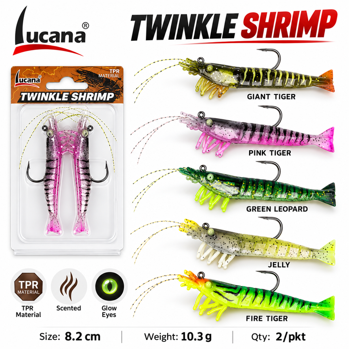 Lucana Twinkle Shrimp on white with Lucana logo, retail pack and five colour options. 8.2 cm, 10.3 g. Sold as 2 pieces in the selected colour.
