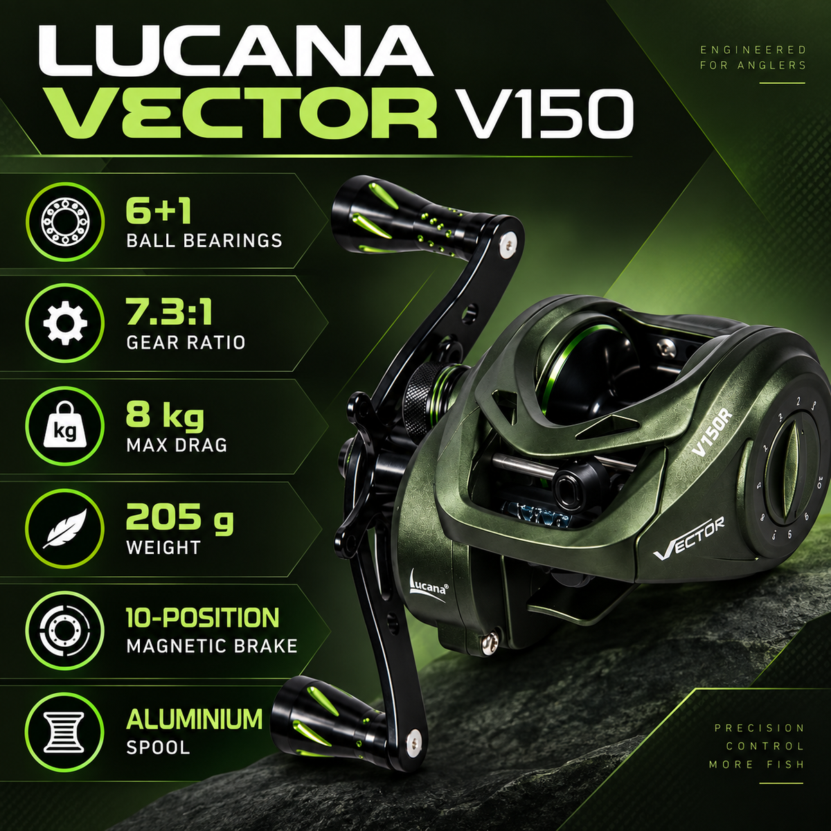 Lucana Vector V150 baitcasting reel specifications